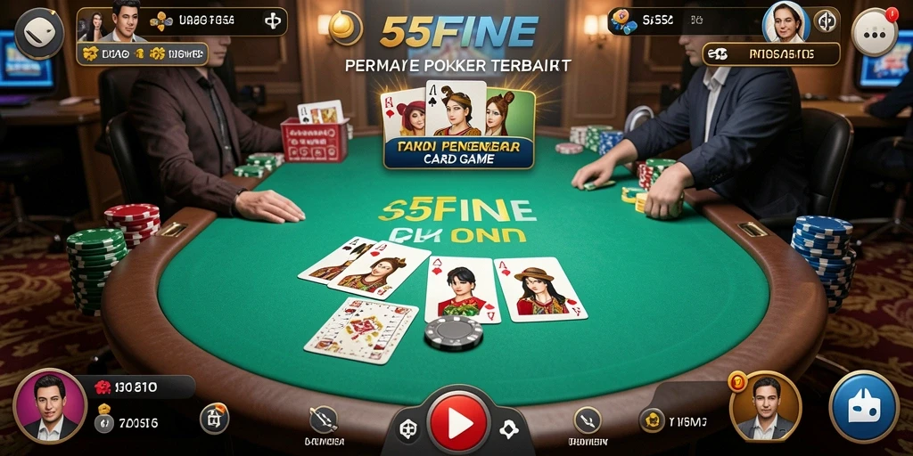 Tampilan gameplay utama 55FIVE dengan suasana poker yang menarik.