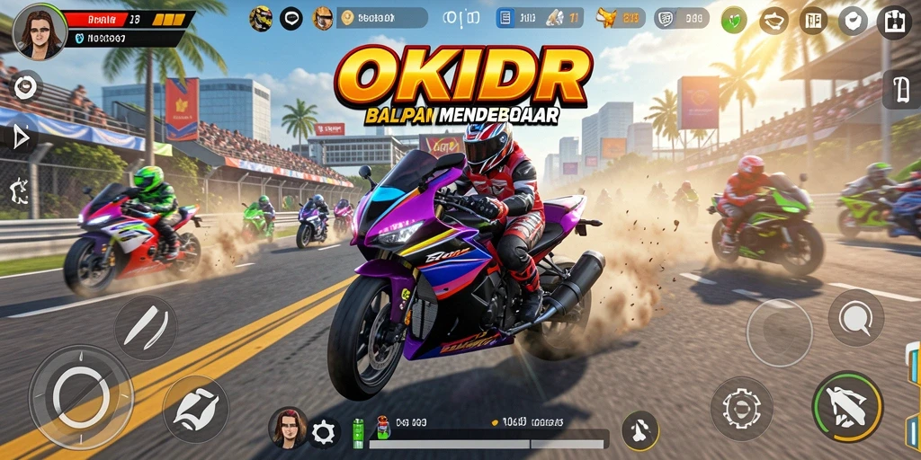 Tampilan gameplay <strong>OKIDR</strong> yang mendebarkan saat balapan motor di sirkuit.