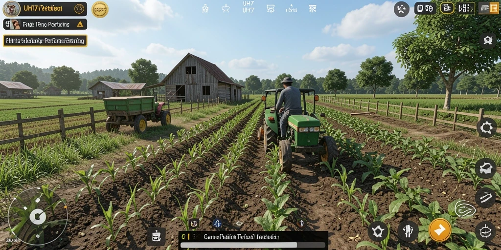 Tampilan gameplay UH77 yang menakjubkan dengan aktivitas pertanian.